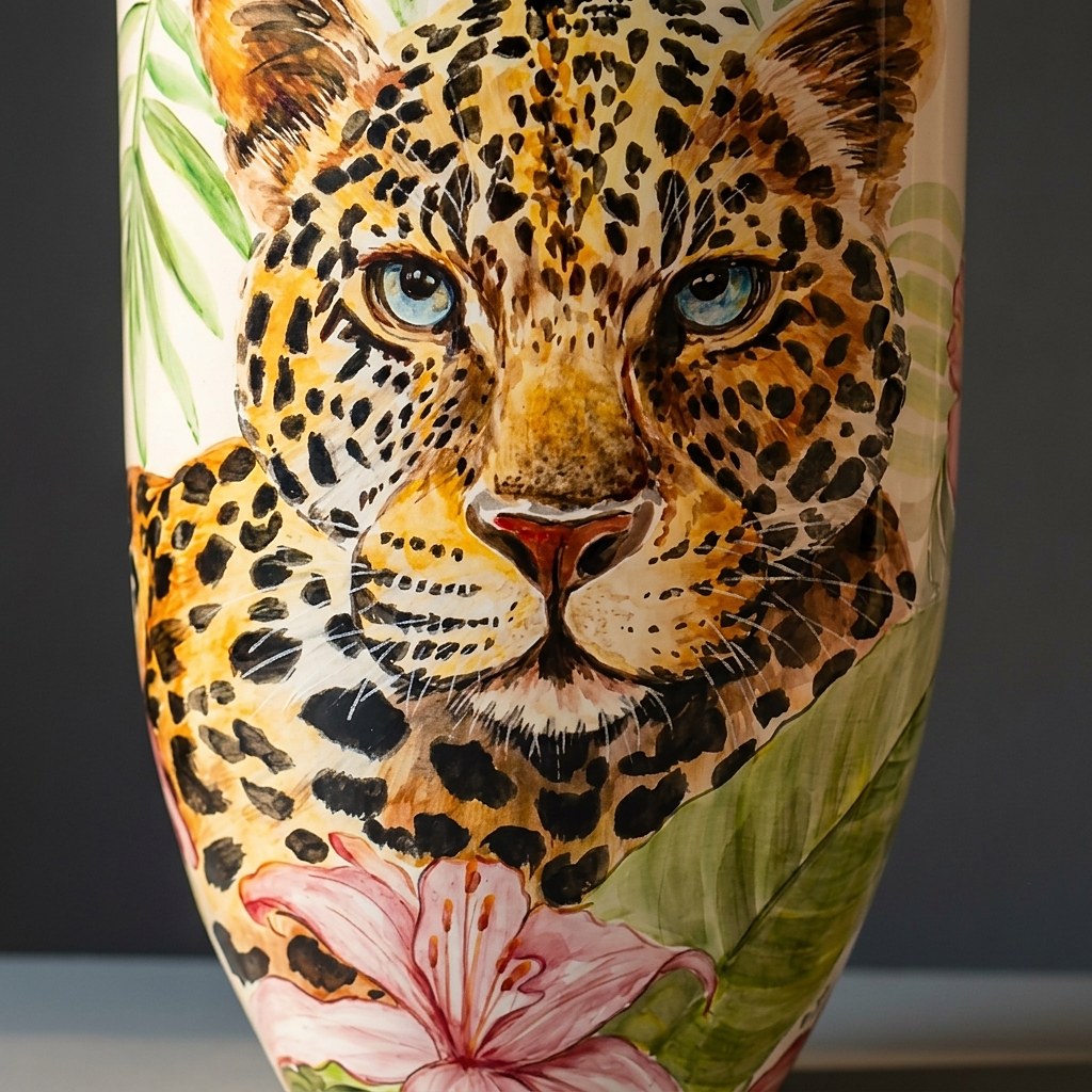 Vaso de cerâmica pintado à mão com leopardo e flores tropicais
