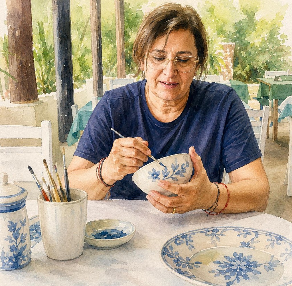 Retrato em aquarela de Lia Mara Jorge Aloe pintando uma peça de cerâmica